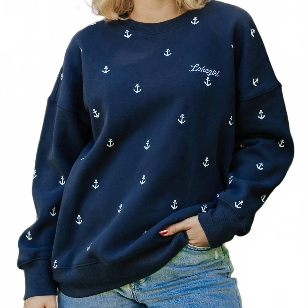 Lakegirl Fleece Navy Anchor Print Crew Neck Sweatshirt